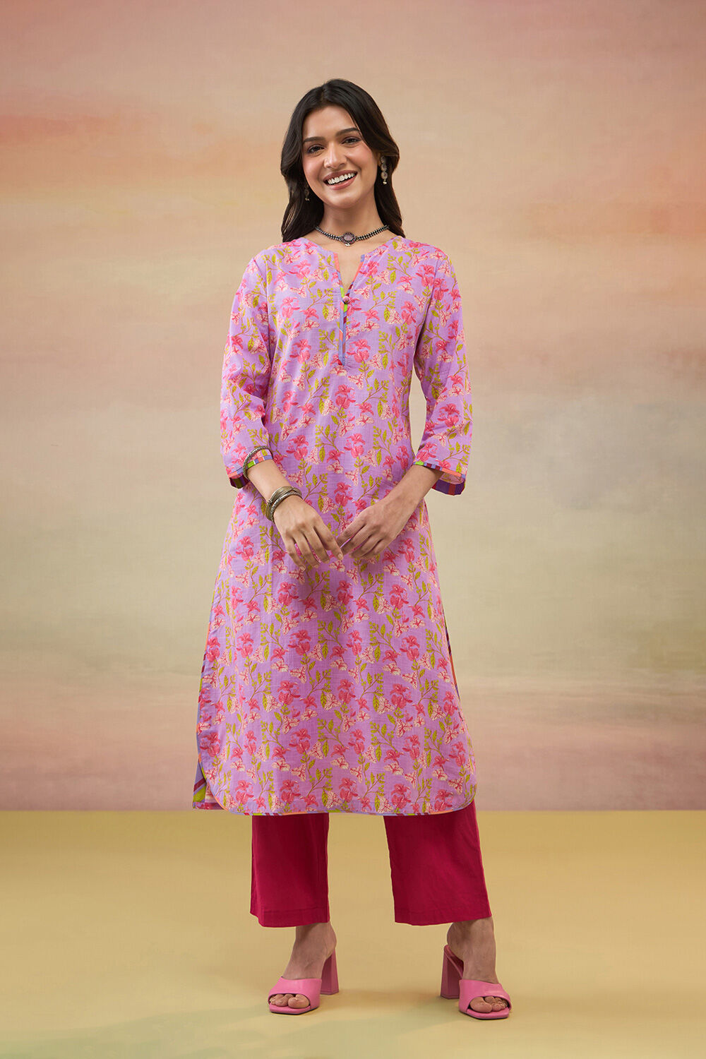 Light Violet Pure Cotton Screen Printed  Kurta image number null