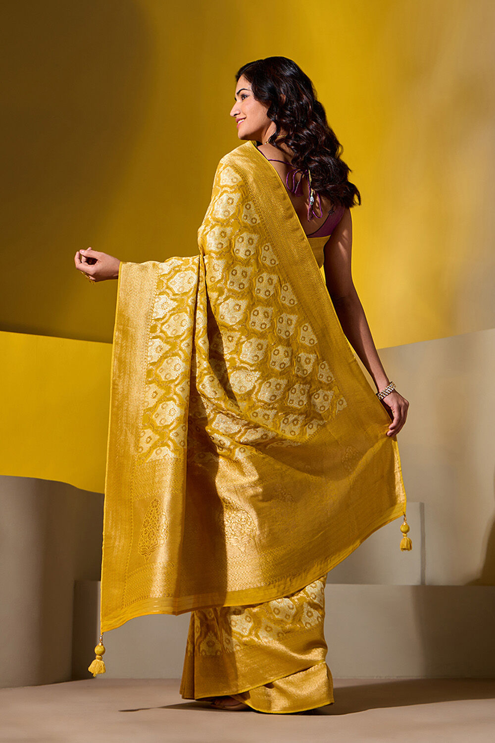 Yellow Woven Viscose Georgette Saree image number null