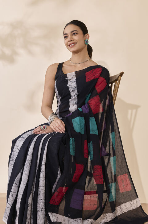 Black Ujjain Pure Cotton Batik Saree