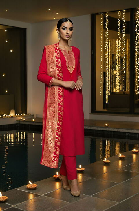 Red Viscose Embroidered Kurta Set