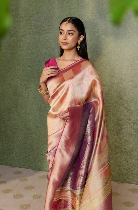 Pink Printed Viscose Tissue Saree