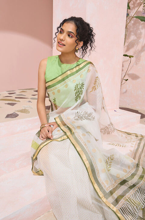 Off White Rajasthan Pure Silk Kota Printed Sanganeri Saree