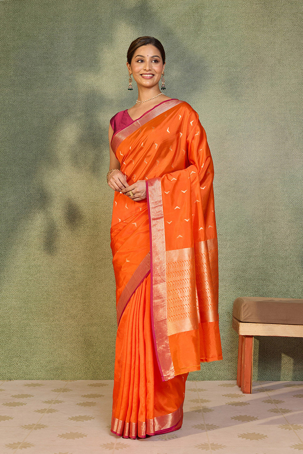 Orange Silk Viscose Cutwork Banaras  Saree image number null