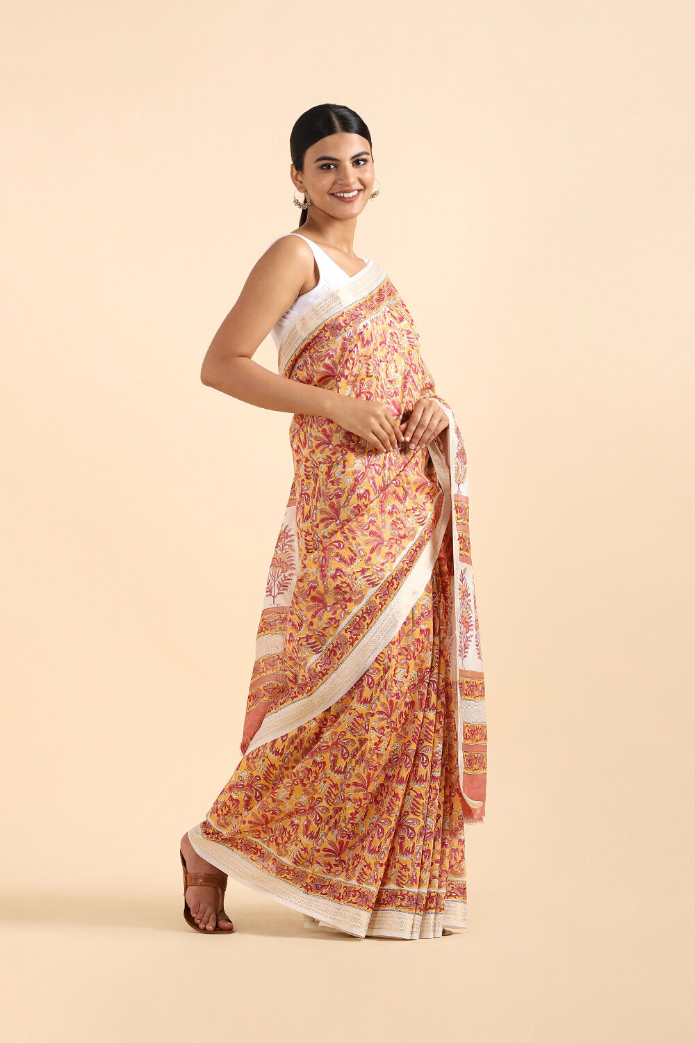 Orange Pure Silk Cotton Sanganeri Printed Saree image number null