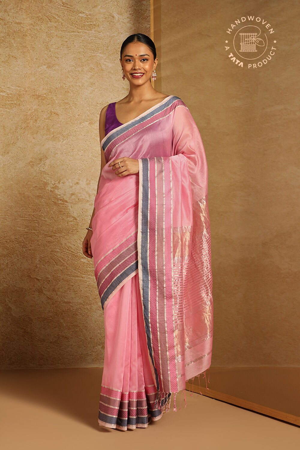 Pink Pure Silk Cotton Woven Maheshwari Saree image number null