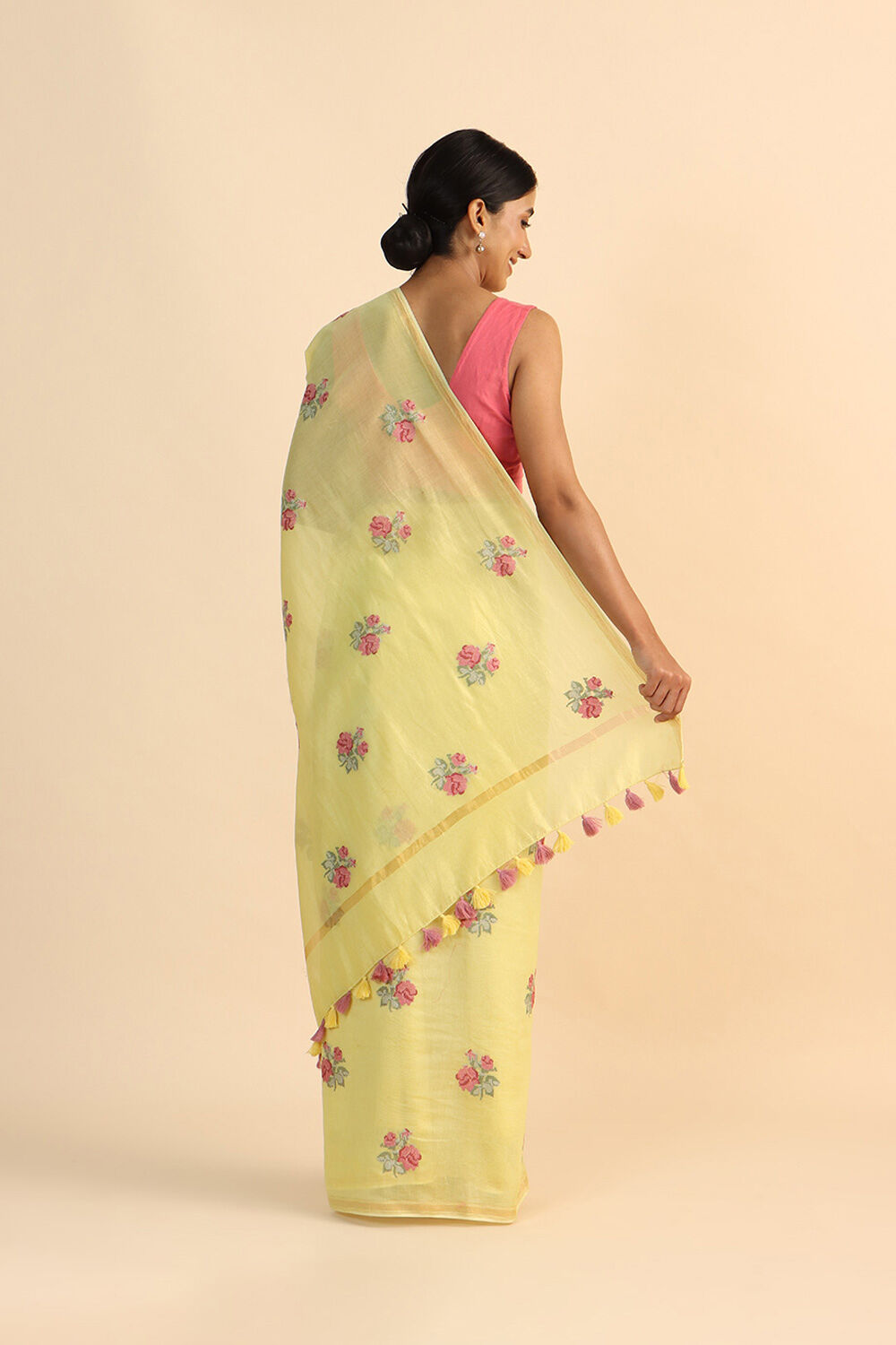 Light Yellow Pure Silk Cotton Embroidered Saree image number null