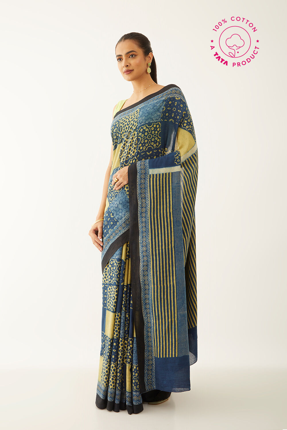 Blue Pure Cotton Ajrakh Block Print Saree image number null