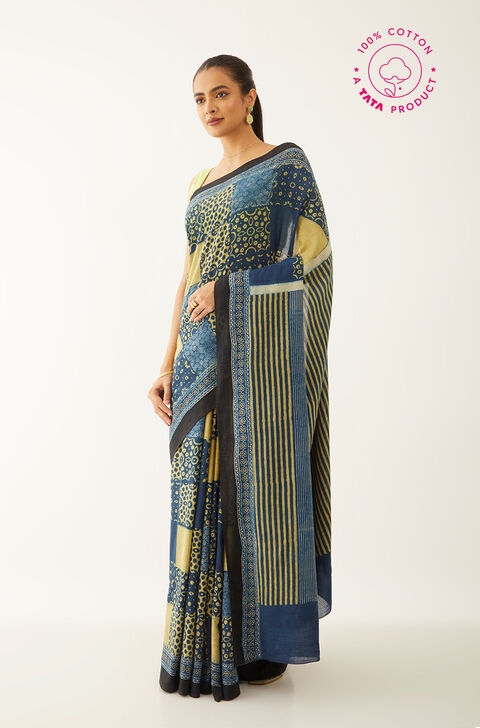 Blue Pure Cotton Ajrakh Block Print Saree