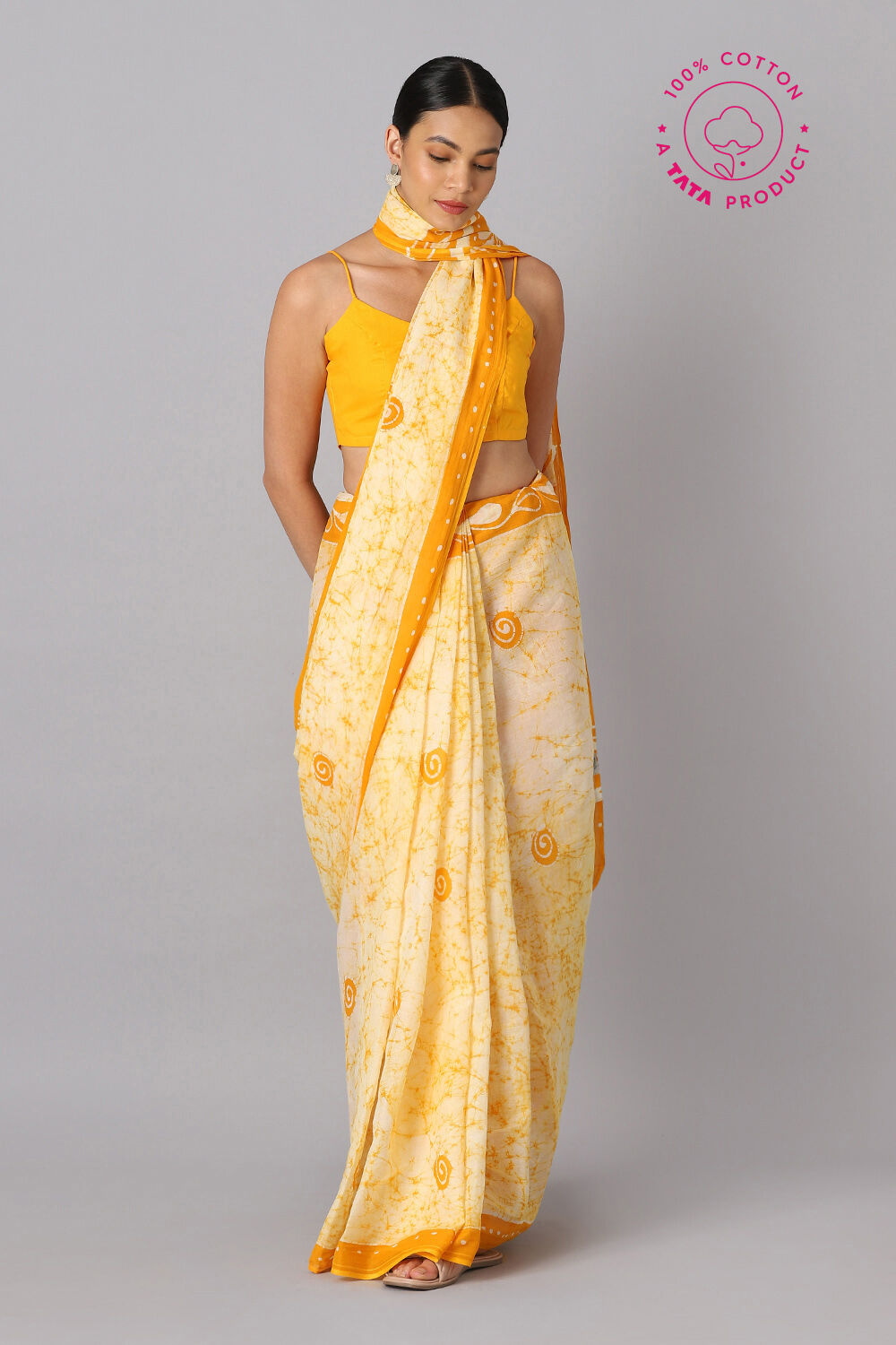 Light Pure Yellow Cotton Batik Saree image number null