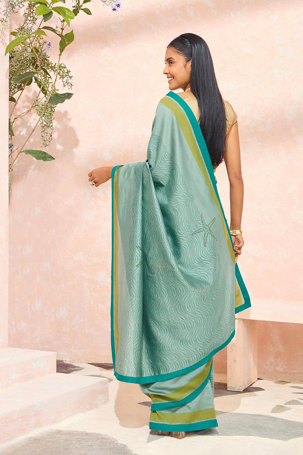 Blue Block Printed Pure Silk Cotton Saree image number null