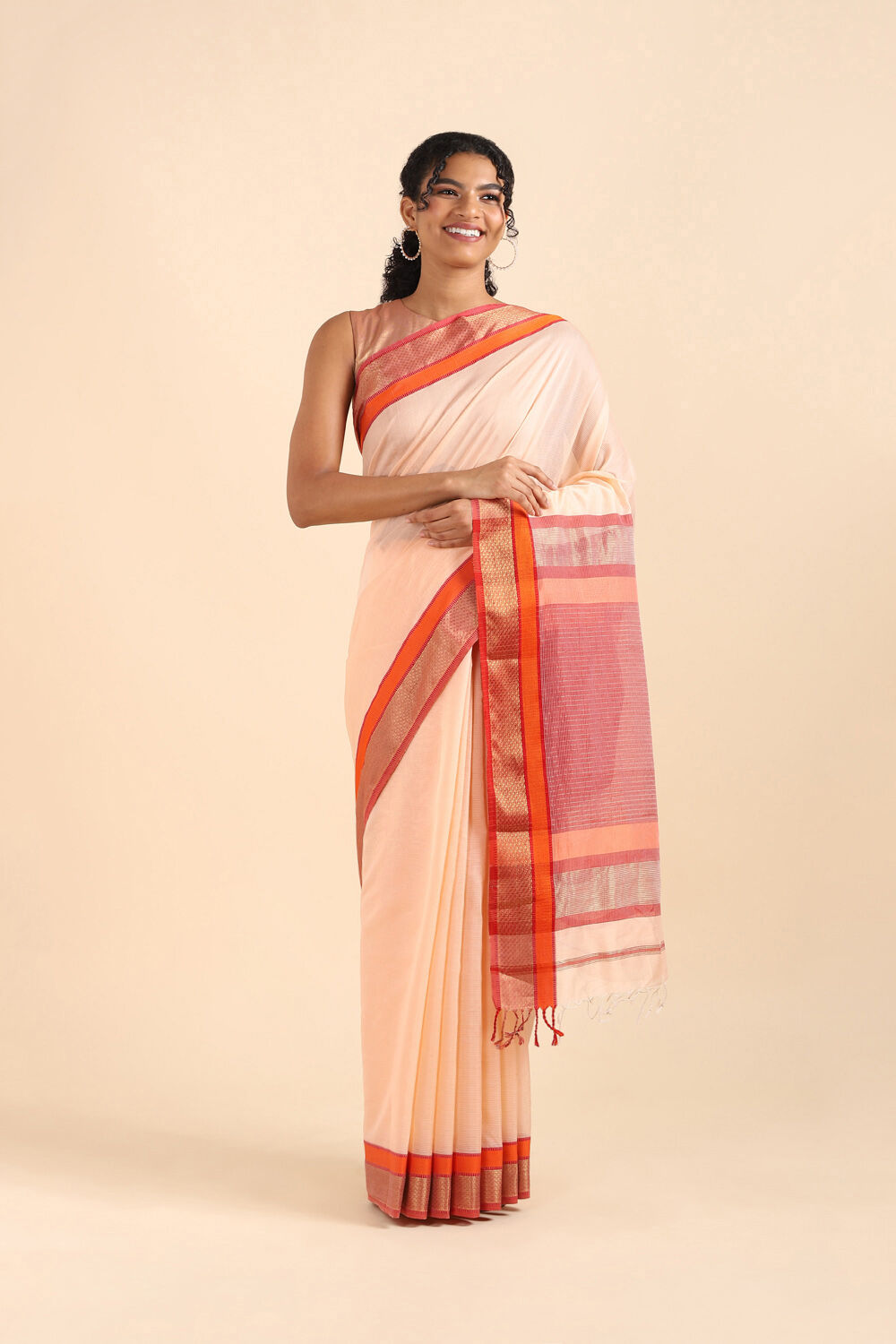 Light Orange Pure Silk Cotton Maheswari Saree image number null