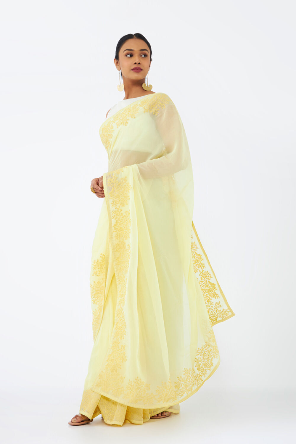 Light Yellow Viscose Organza Embroidered Saree image number null