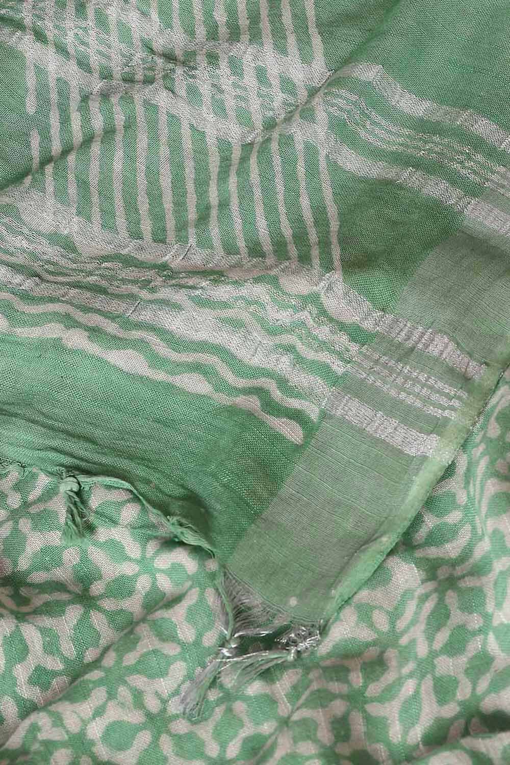 Light Green Pure Cotton Linen Bagru Printed Saree image number null