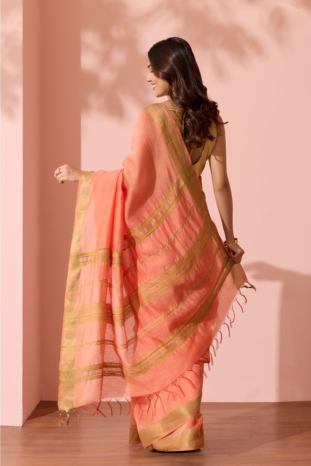 Light Orange Woven Silk Bengal Saree image number null