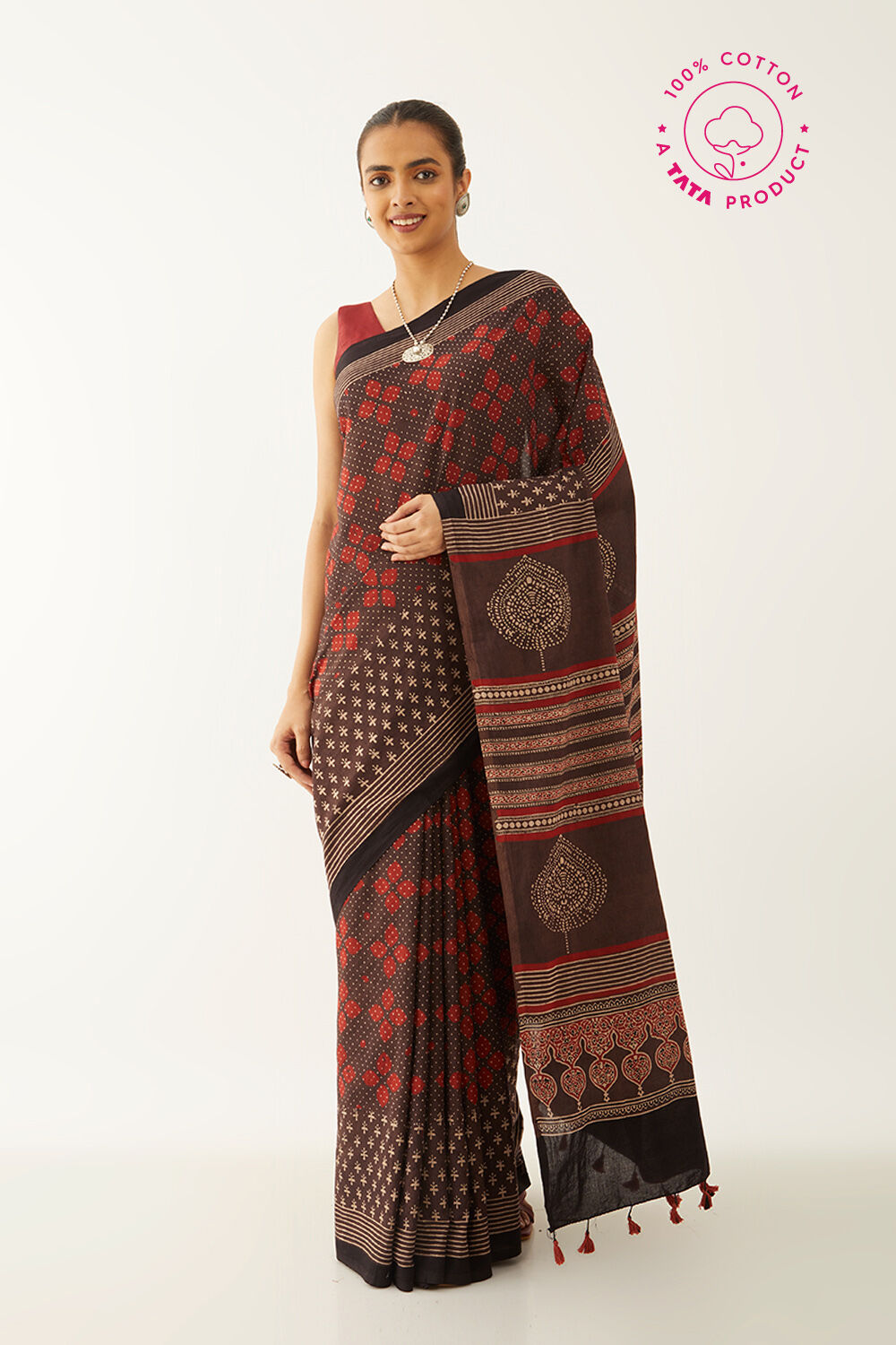 Maroon Pure Cotton Ajrakh Block Print Saree image number null