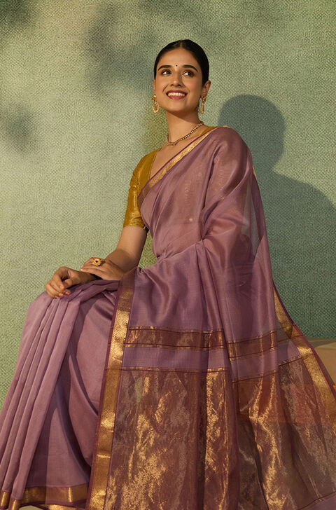 Purple Woven Pure Silk Cotton Maheshwari Saree