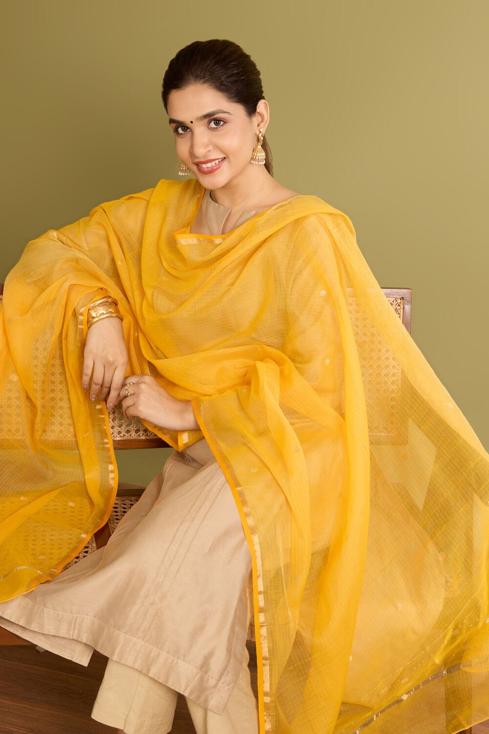 Yellow Woven Pure Silk Cotton Chanderi Dupatta image number null