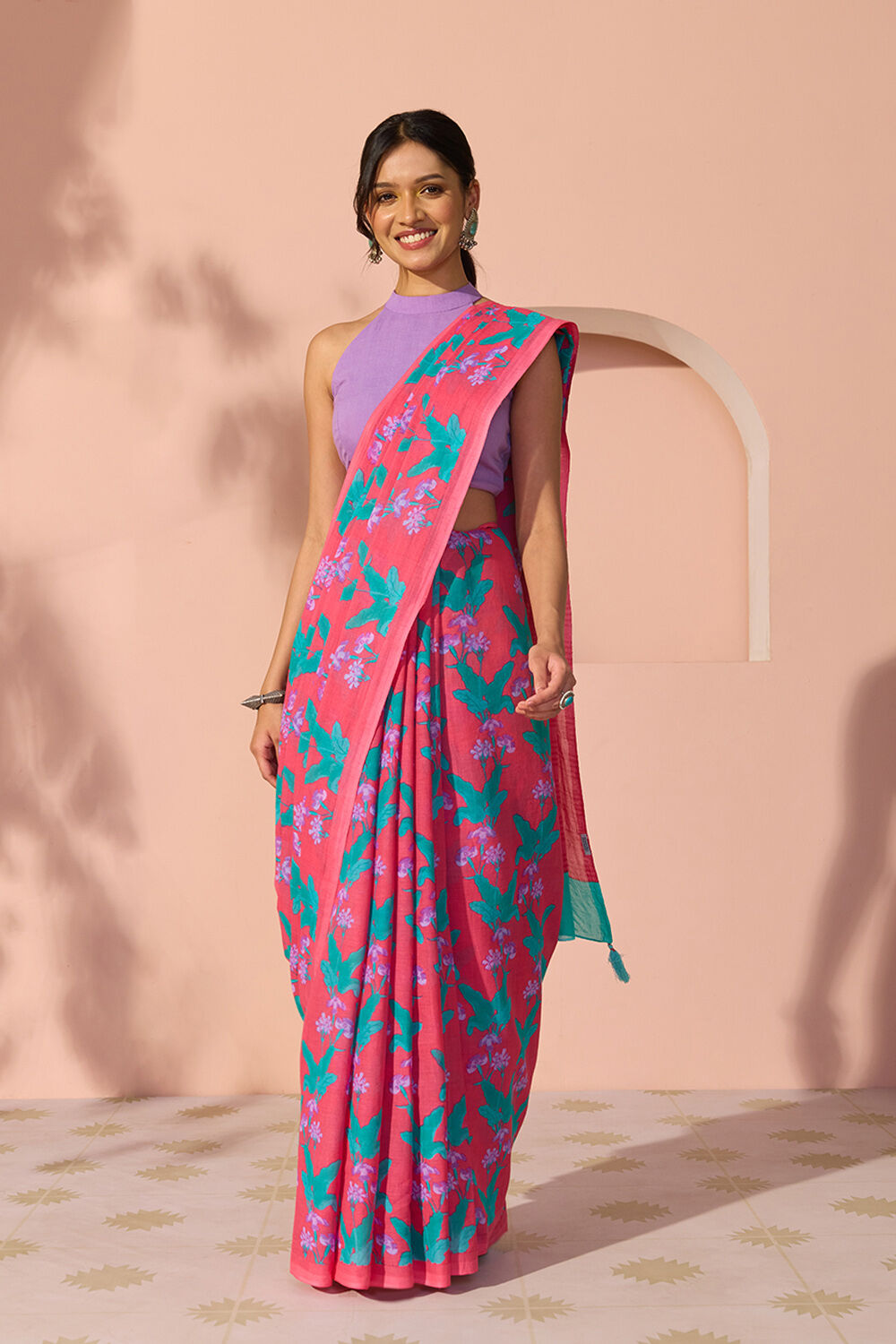 Dark Pink Bengal Screen Printed Pure Cotton Mulmul Saree image number null