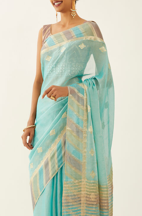 Blue Pure Georgette Tissue Woven Saree