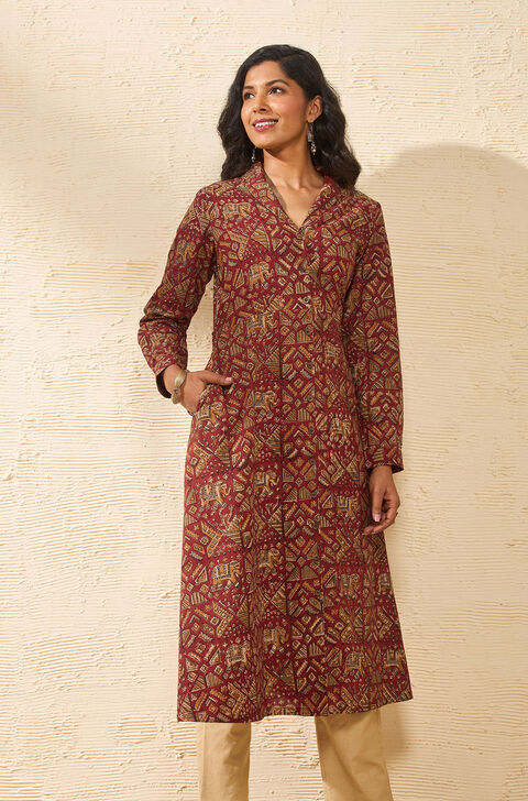 Red Block Printed Kalamkari Pure Cotton Kurta