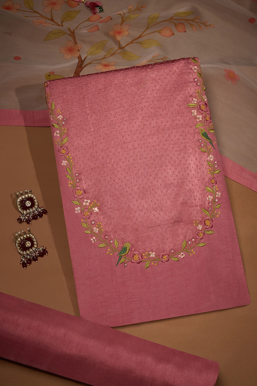 Pink Pure Viscose Embroidered Unstitched Suit Set image number null