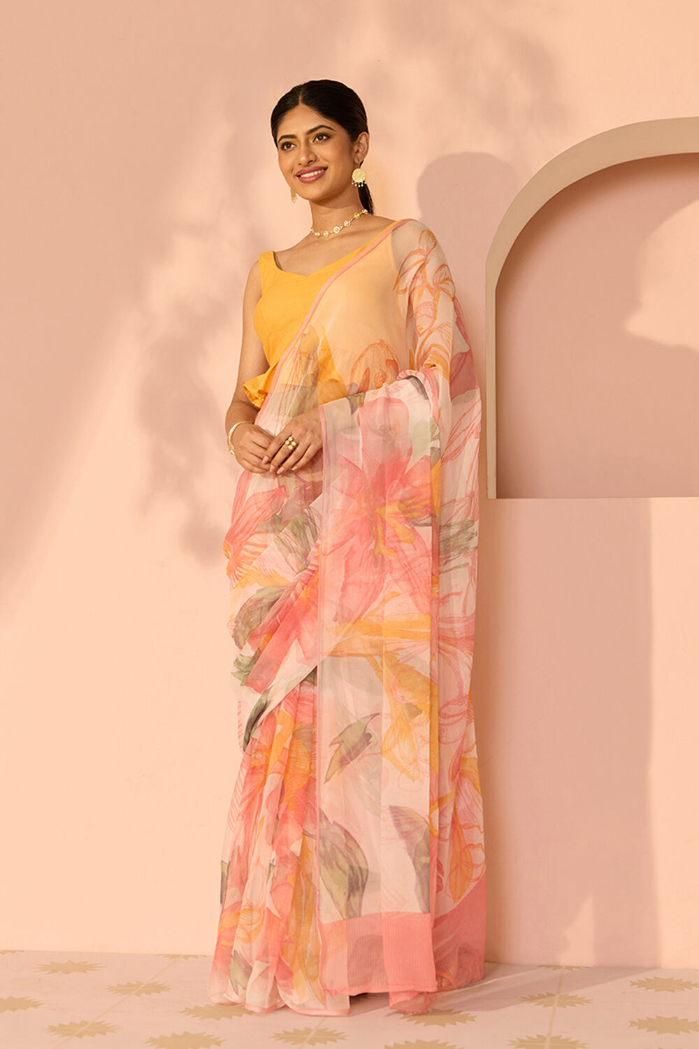Light Pink Screen Printed Viscose Chiffon Saree image number null
