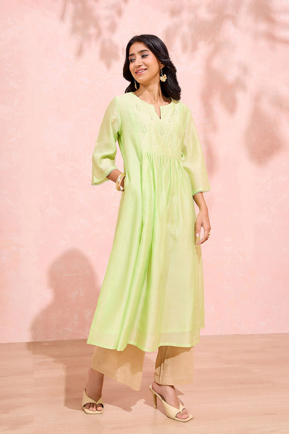 Light Green Pure Silk Cotton Chikankari Kurta image number null