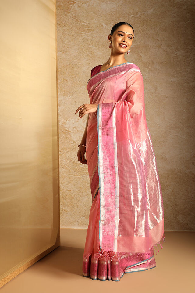 Pink Pure Silk Cotton Woven Maheshwari Saree