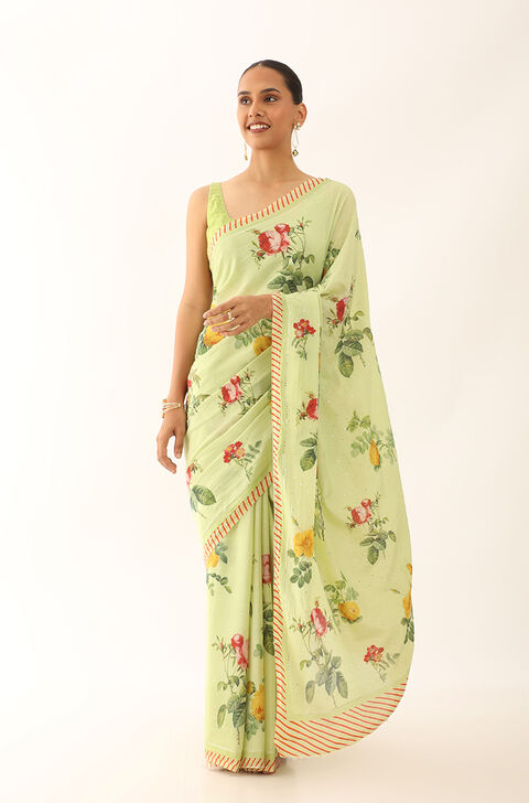 Light Green Bhagalpur Pure Tussar Cotton Screen Printed Saree