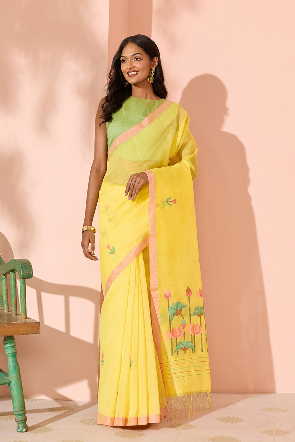 Yellow Jamdani Pure Silk Cotton Bengal Saree image number null