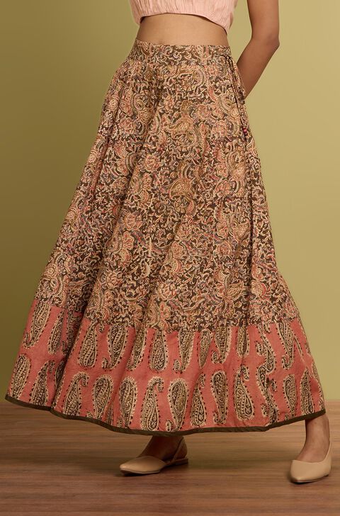 Brown Printed Kalamkari Pure Cotton Ethnic Skirt