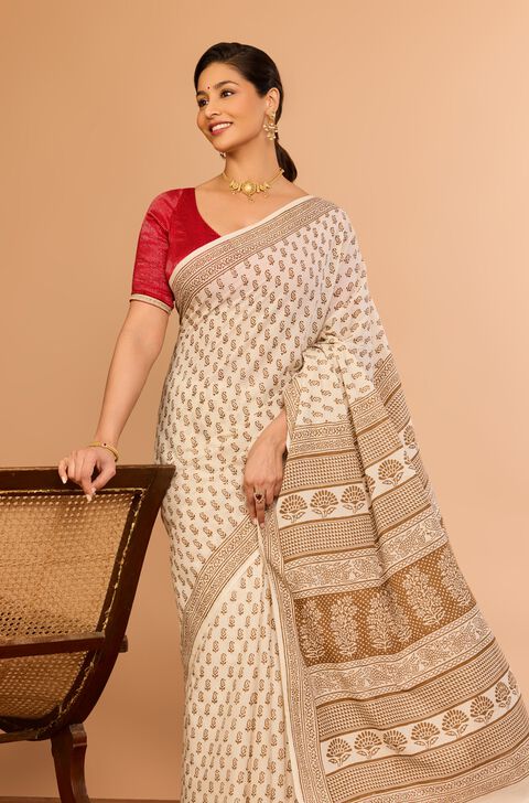 Off White Cotton Bagh Block Printed Saree