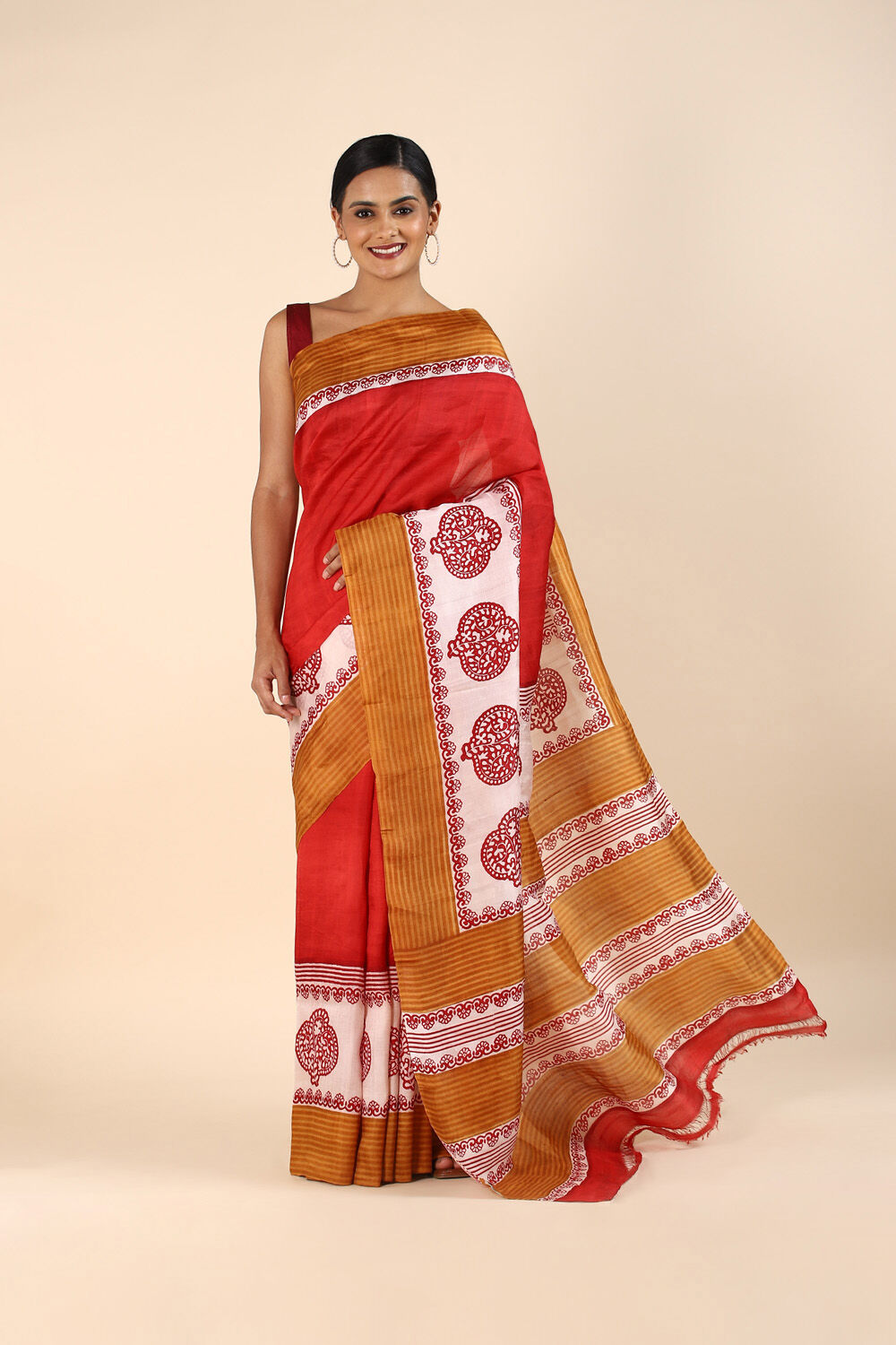 Dark Red Pure Silk Printed Saree image number null