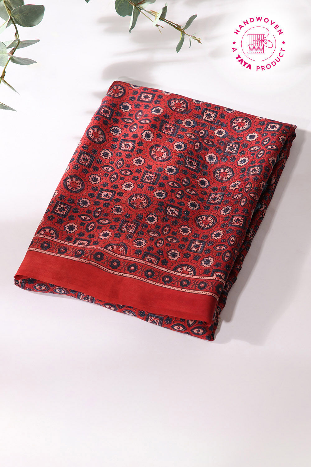 Dark Red Pure Silk Ajrakh Printed Saree image number null
