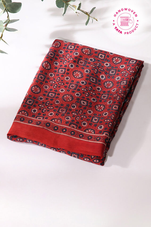 Dark Red Pure Silk Ajrakh Printed Saree