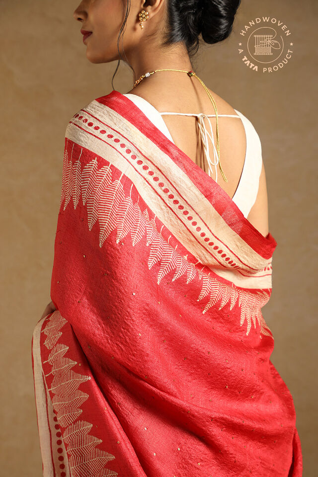 Red Pure Tussar Silk Block Printed Saree