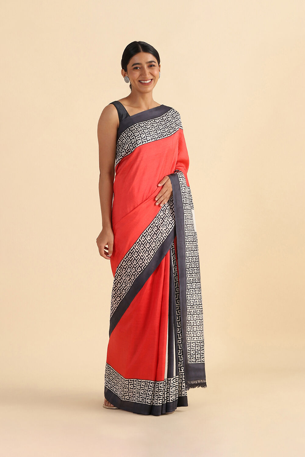 Red Hand Blockprinted Pure Silk Saree image number null