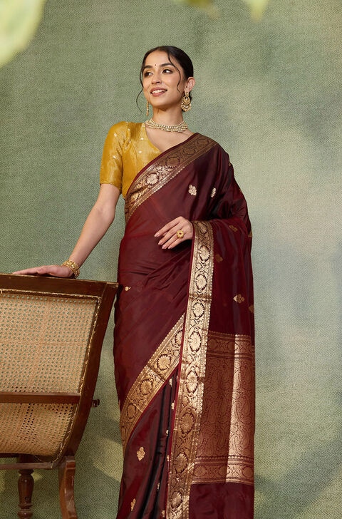 Dark Red Banarasi Inspired Design Silk Viscose Kadwa Saree