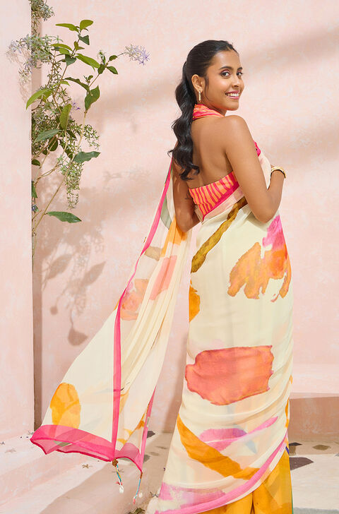 Beige Bengal Printed Viscose Georgette Saree