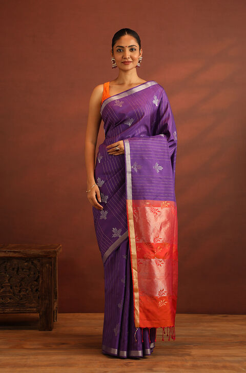 Dark Violet Woven Pure Soft Silk Saree