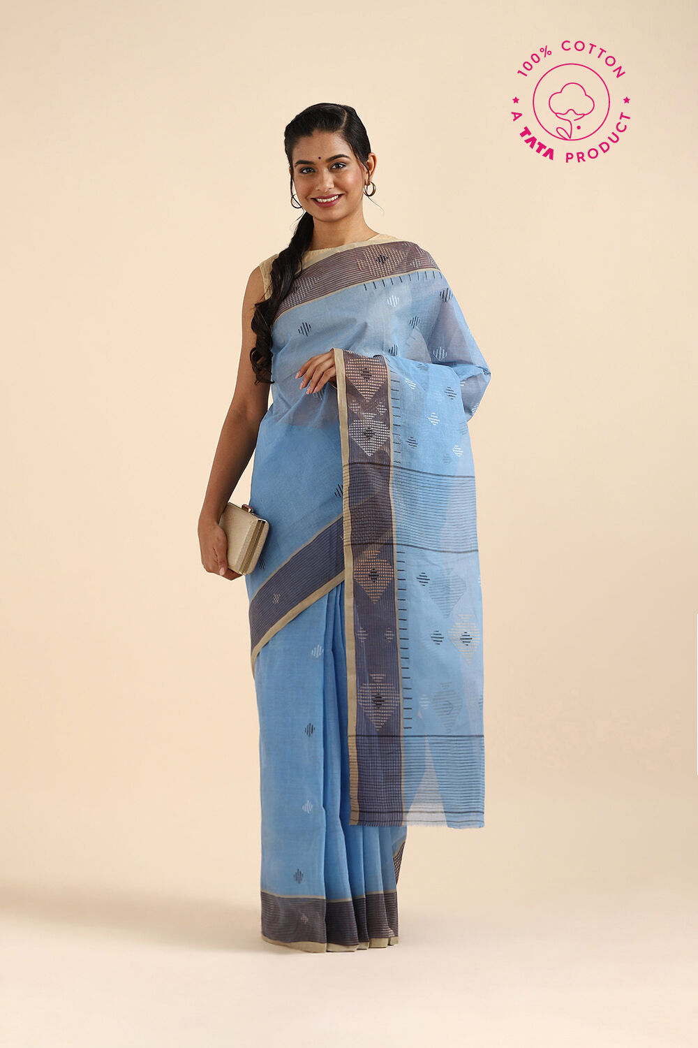 Light Blue Pure Cotton Bengal Saree image number null