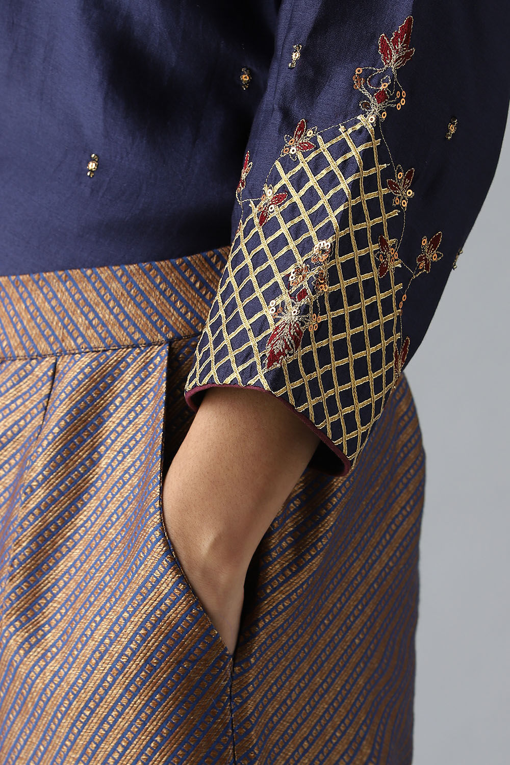 Dark Blue Embroidered Silk Cotton Kurta Set image number null