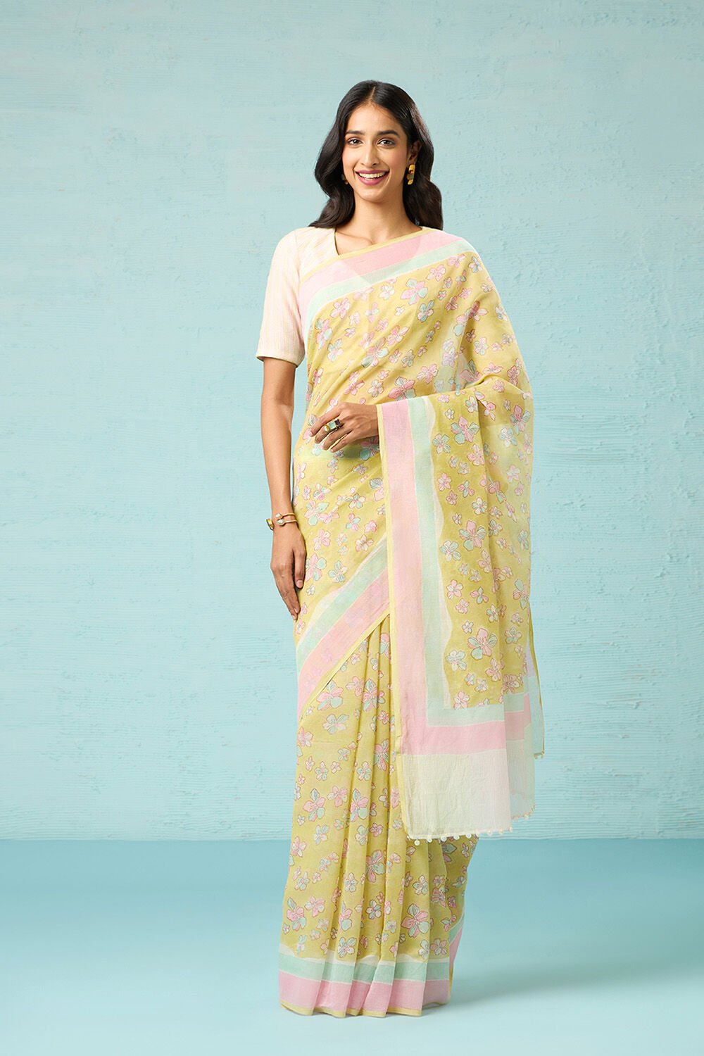 Light Green Bagru Block Printed Pure Silk Cotton Saree image number null