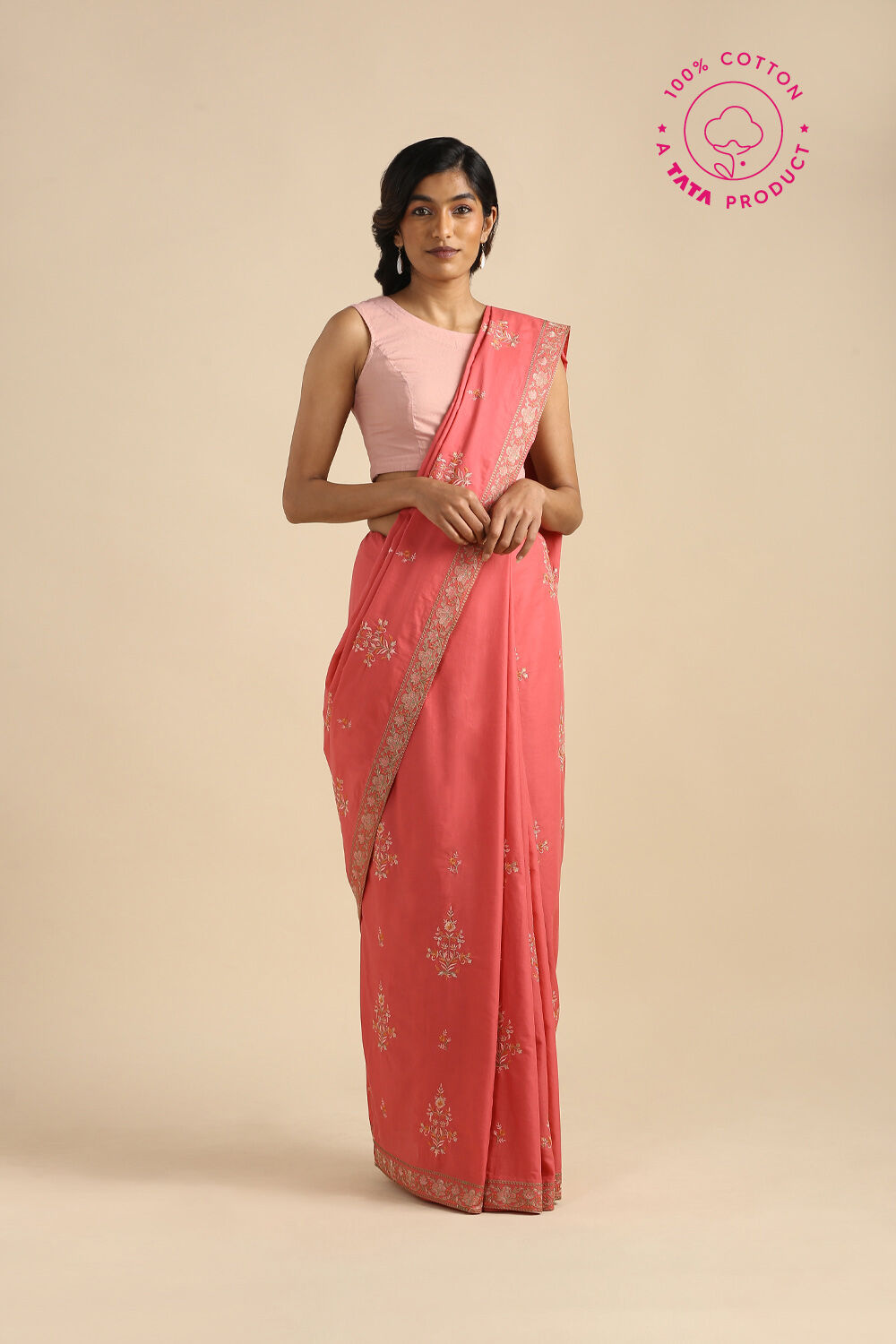 Pink Pure Cotton Embroidered Saree image number null