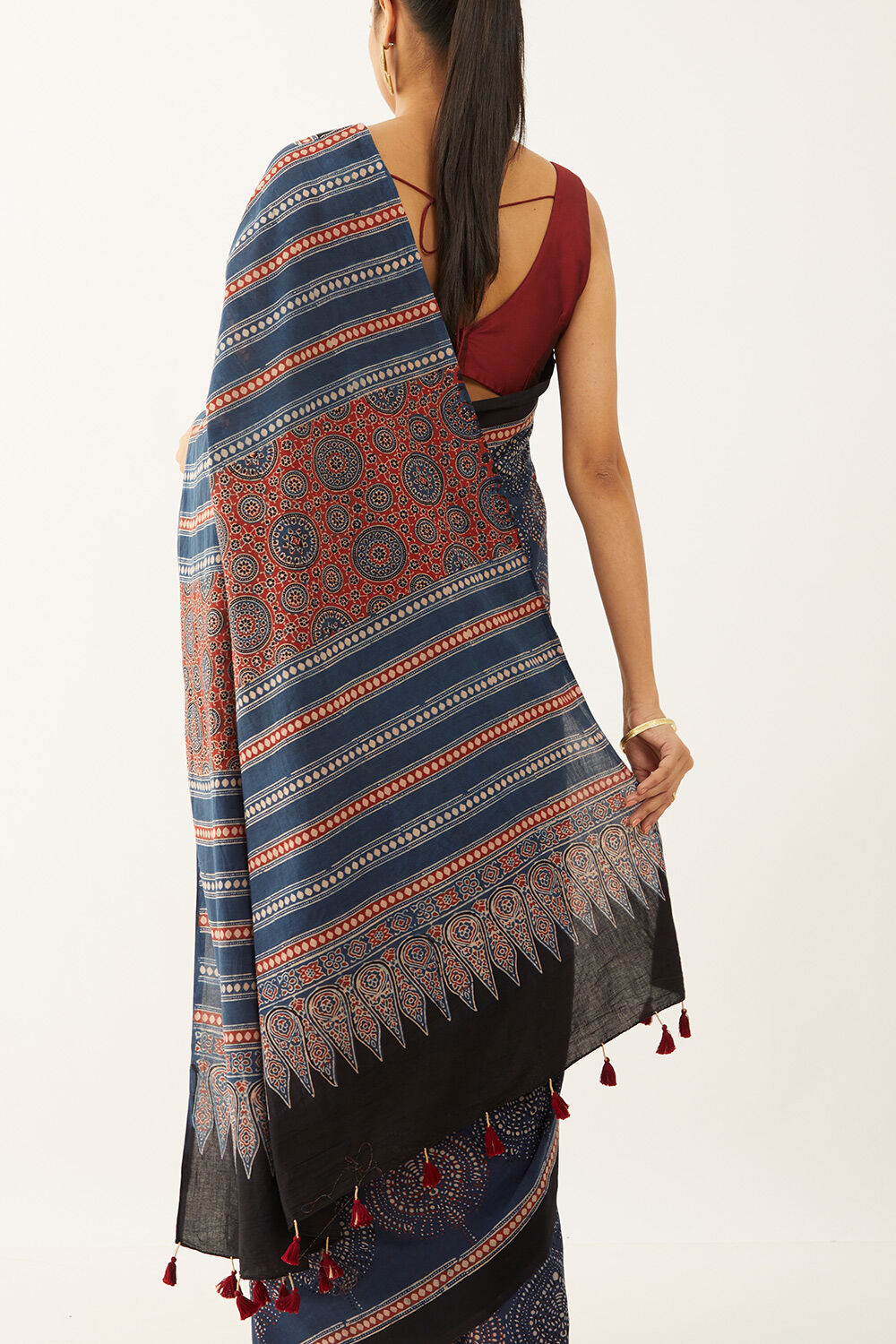 Blue Pure Cotton Ajrakh Block Print Saree image number null