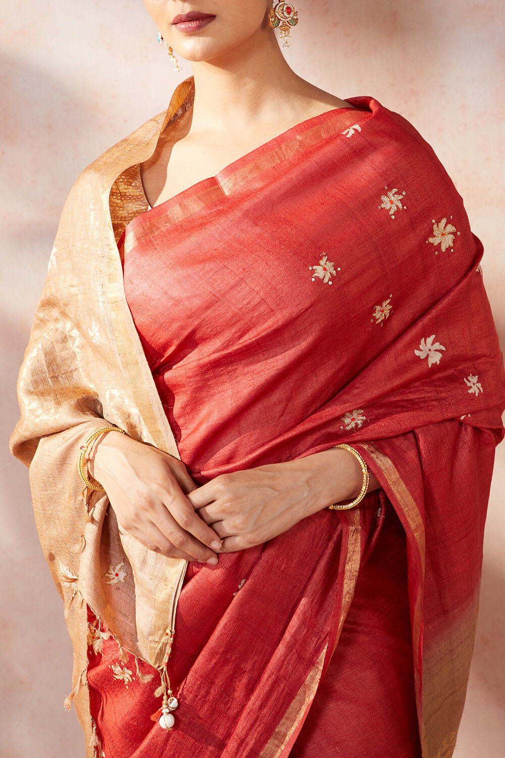 Red Chattisgarh Pure Tussar Silk Hand Painted Saree image number null