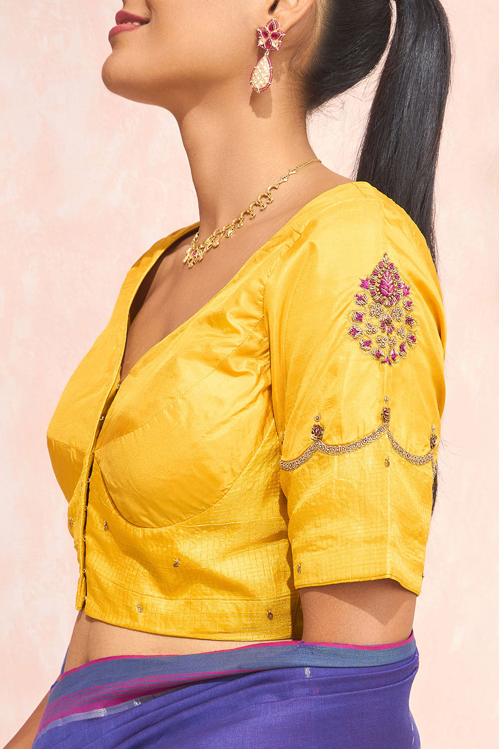 Yellow Pure Silk Embroidered Blouse image number null