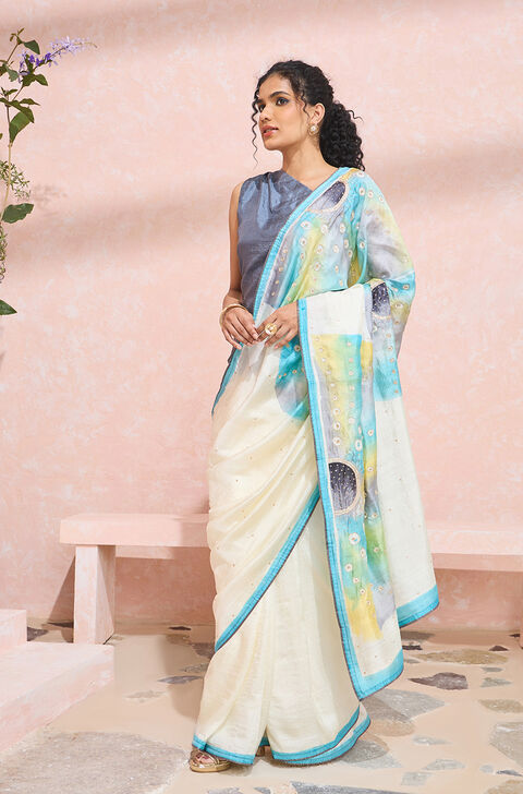 Off White Murshidabad Pure Silk Hand Painted Saree