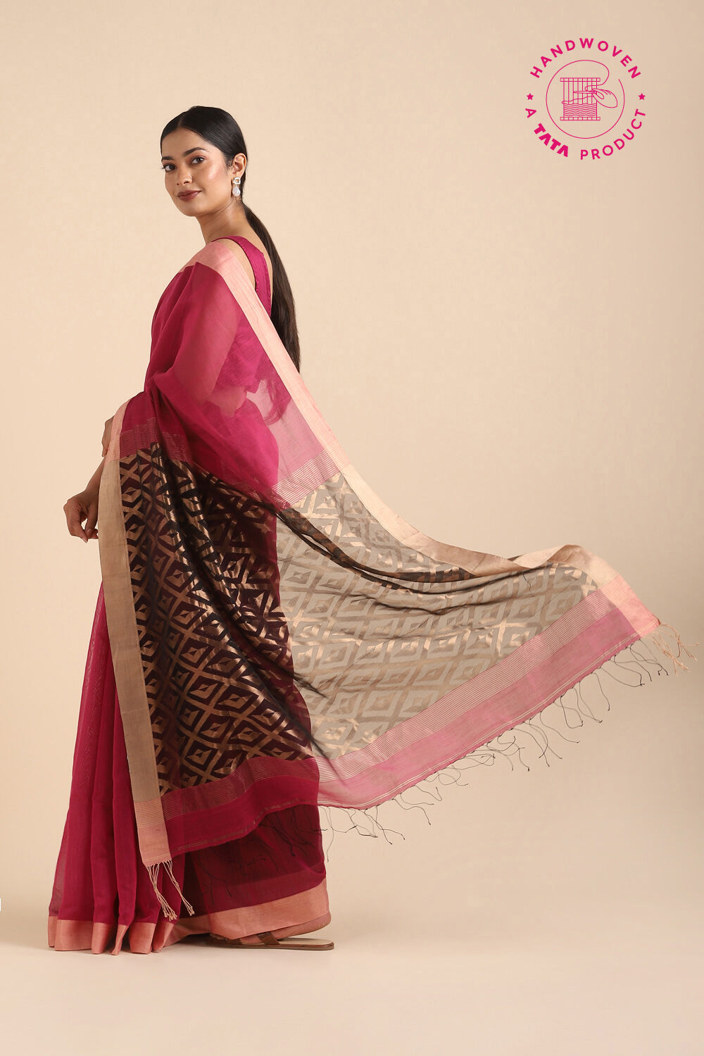 Dark Pink Pure Silk Cotton Bengal Saree image number null