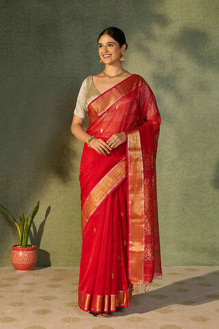 Red Woven Pure Silk Cotton Maheshwari Saree thumbnail image number null